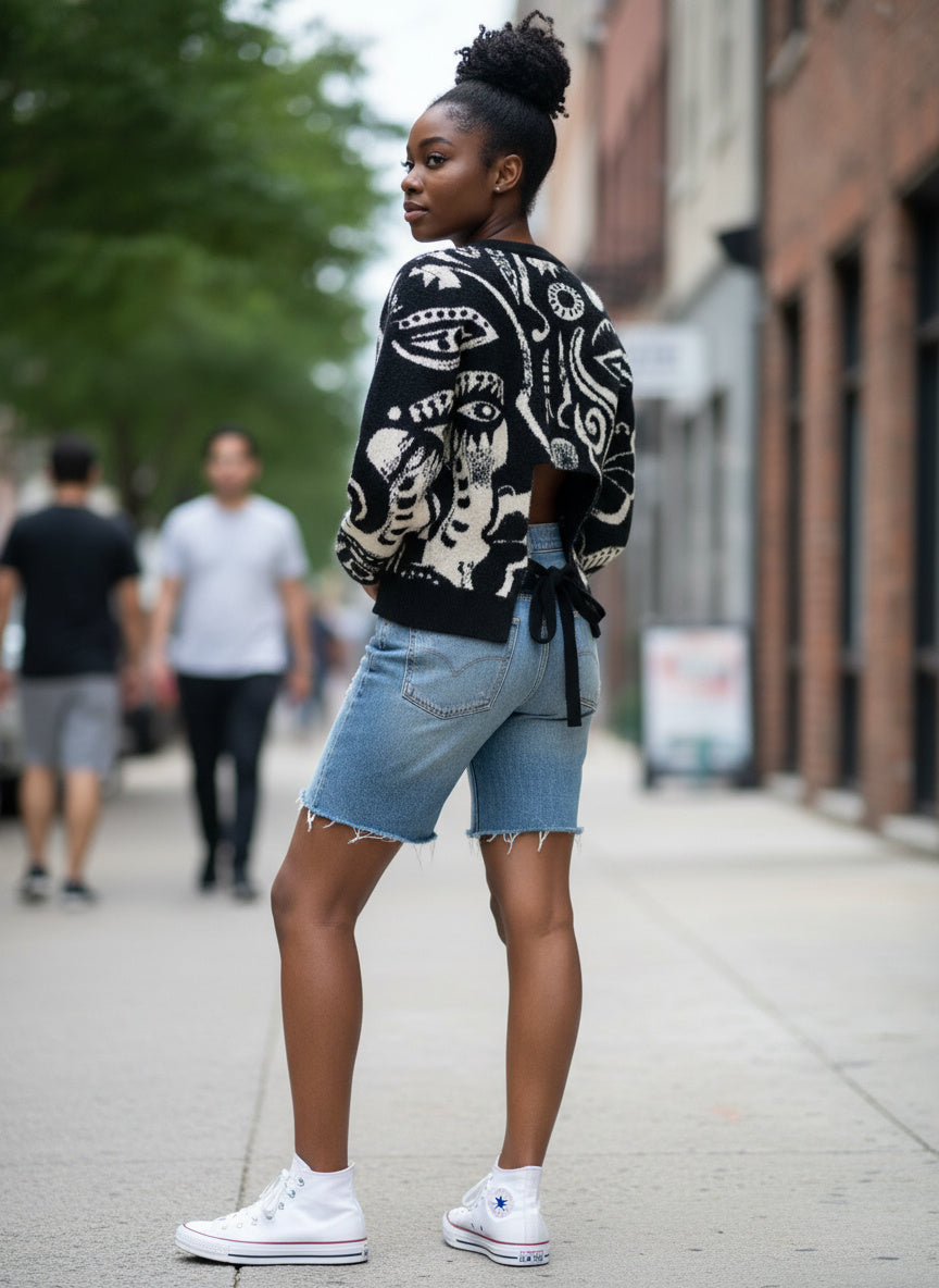 Àṣẹ Bohemian Graphic Woolen Sweater (Open back)