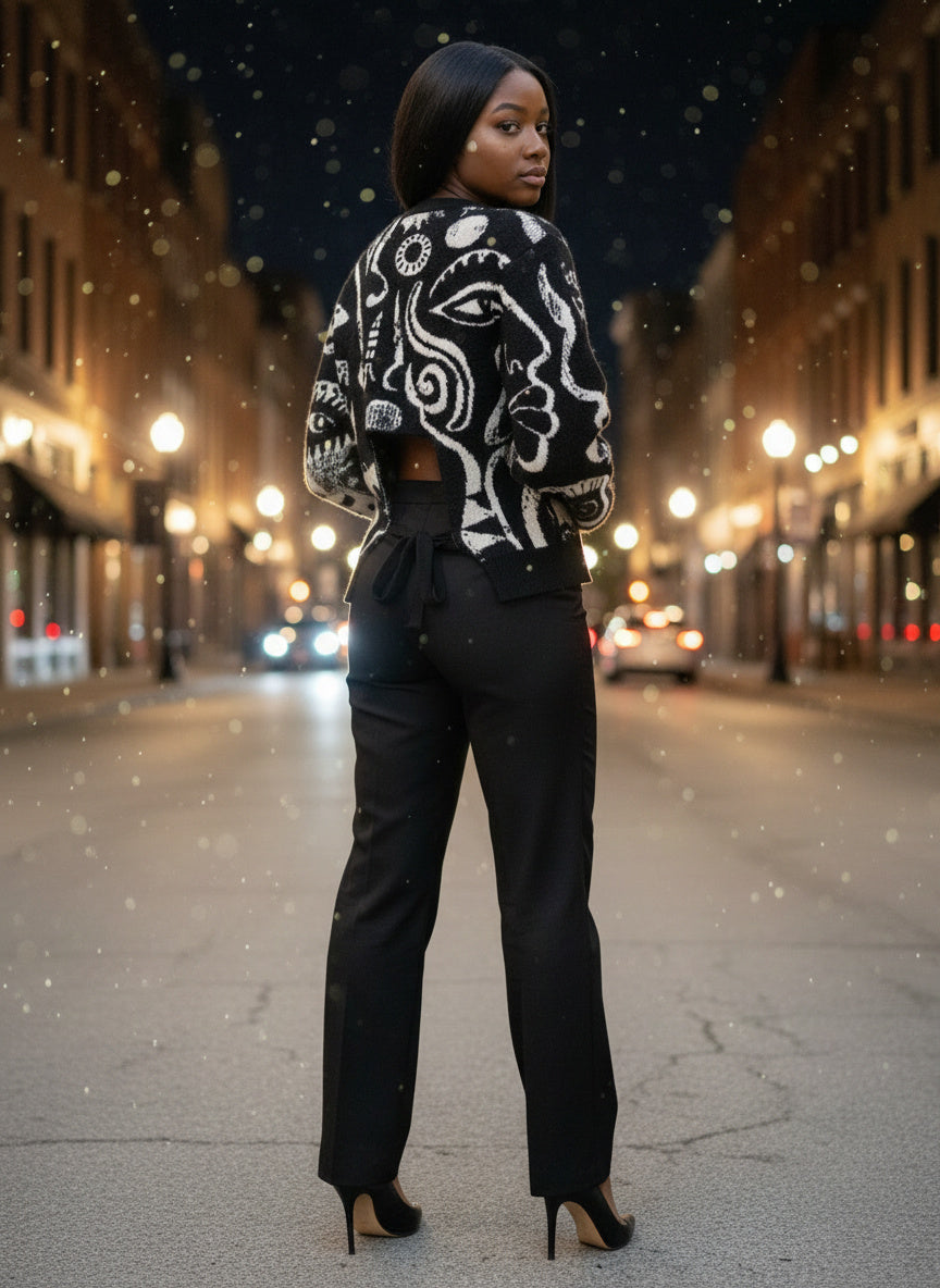 Àṣẹ Bohemian Graphic Woolen Sweater (Open back)